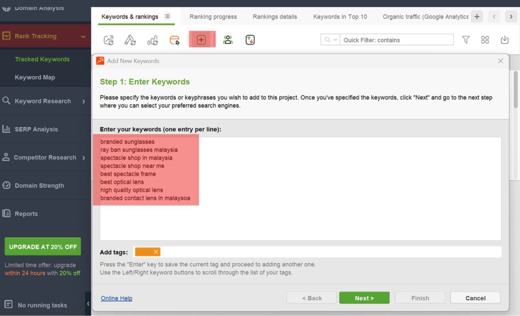 A screenshot of adding new keyword in Rank Tracker