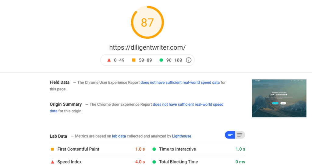 A screenshot of Page Speed Insight results for Diligent Writer