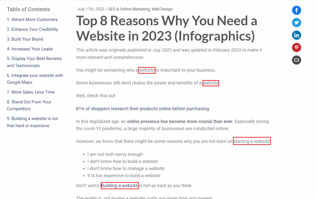 A sample of optimizing keywords in first 150 words of article
