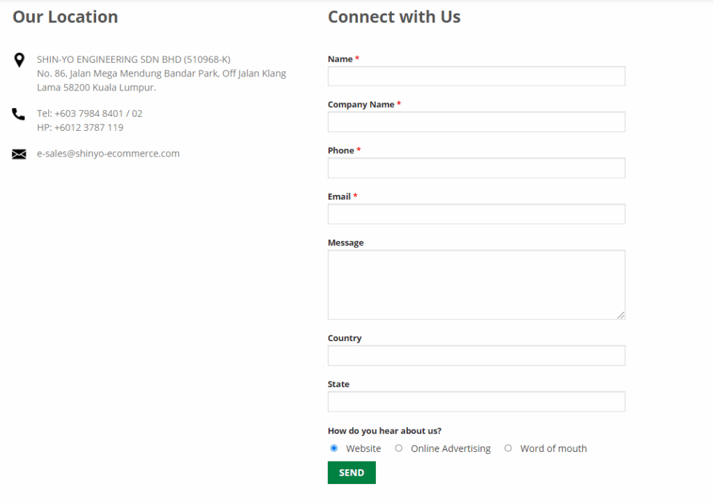 A screenshot of Contact Us page