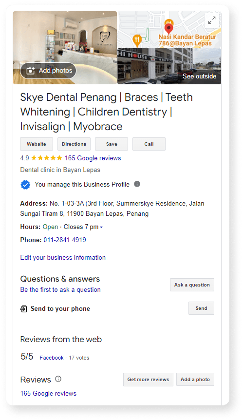 Skye dental Google My Business profile