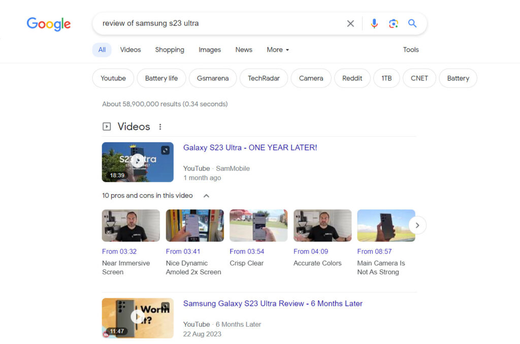 A screenshot of SERPs for queries "Review of Samsung s23 ultra"