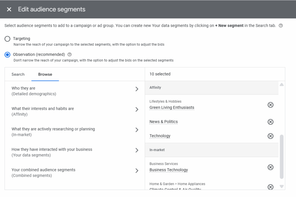 A screenshot of audience segment settings in Google Ads