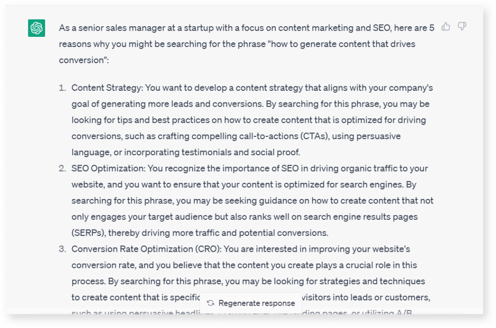 A screenshot of Chatgpt results after detailed prompt is given