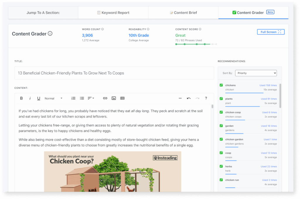 A screenshot of content grading in Content Harmony