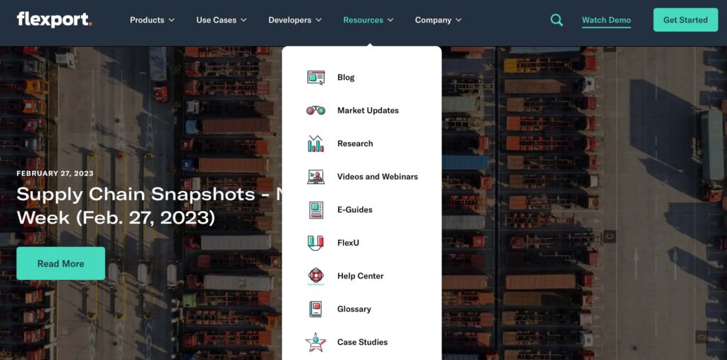 A screenshot of drop down menu of flexport