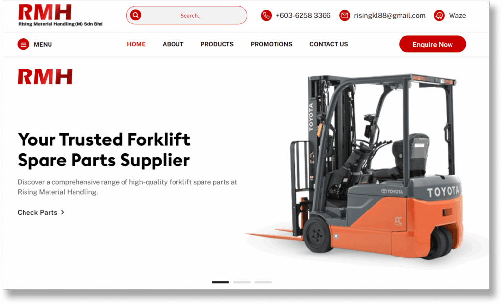 A screenshot of RMH forklift supplier homepage