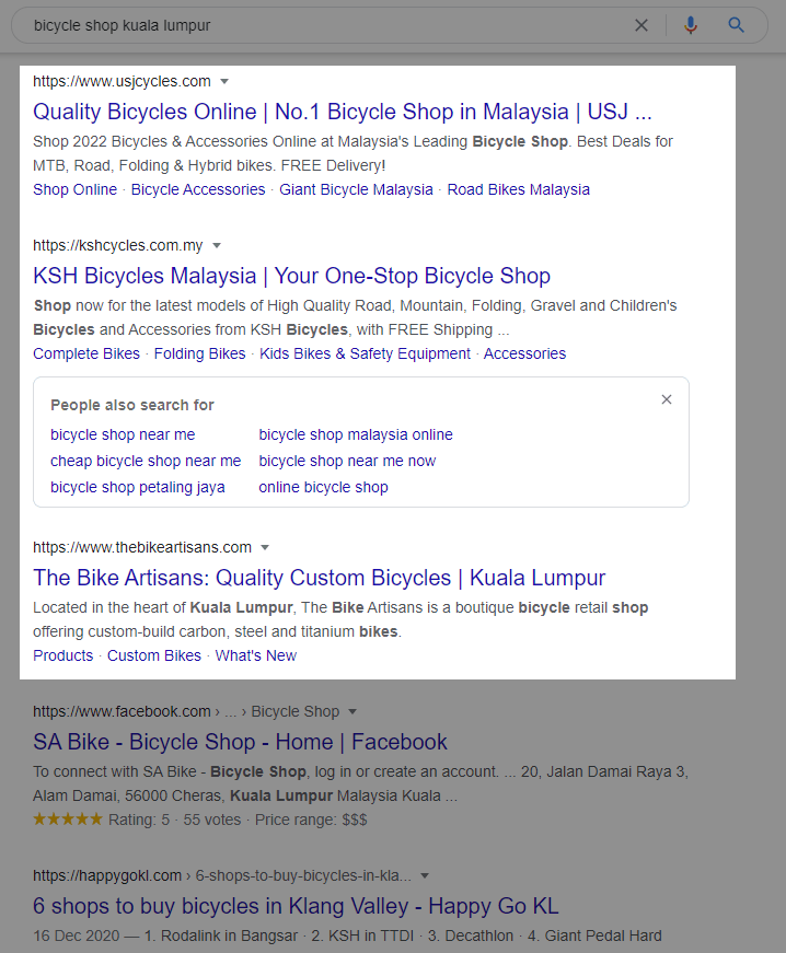 A screenshot of bicycle shop Kuala Lumpur SERPs