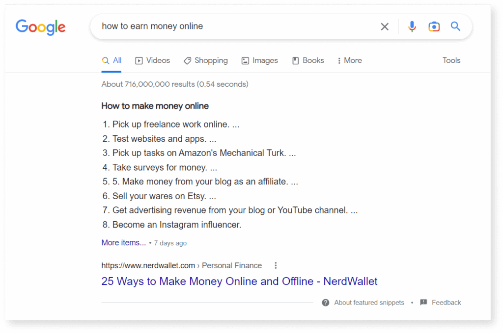 A screenshot of featured snippet in Google