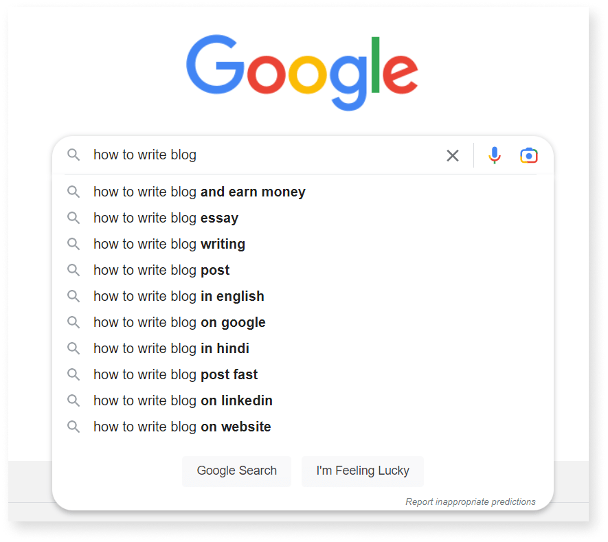 A screenshot of Google's auto complete