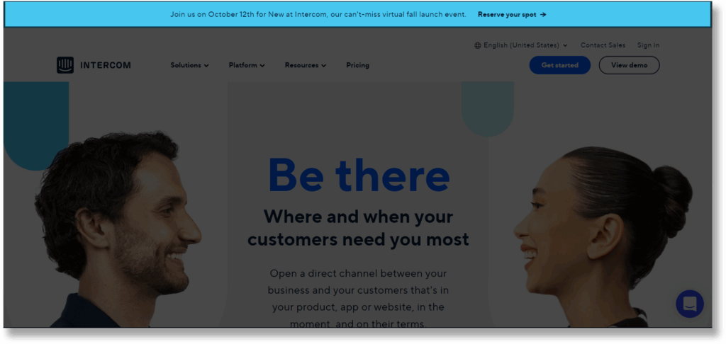 A screenshot of intercom homepage banner