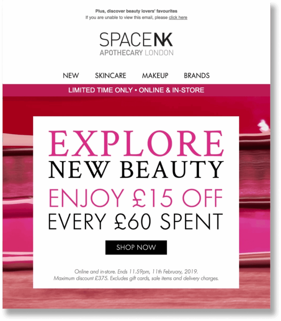 A screenshot of promotional exmail by SpaceNK