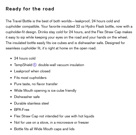 A sample of hydro flask product description