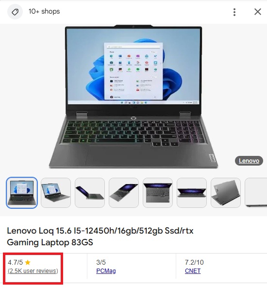 A screenshot of customer reviews on the laptop