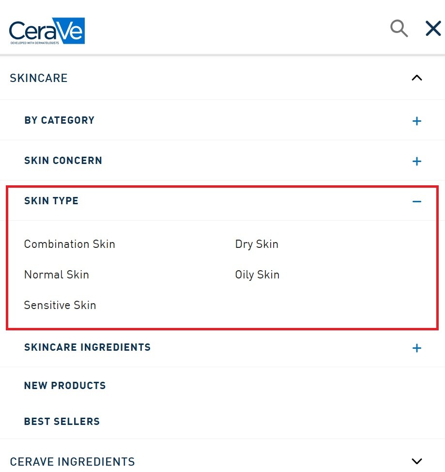 A screenshot of Cerave categorisation by skin type menu
