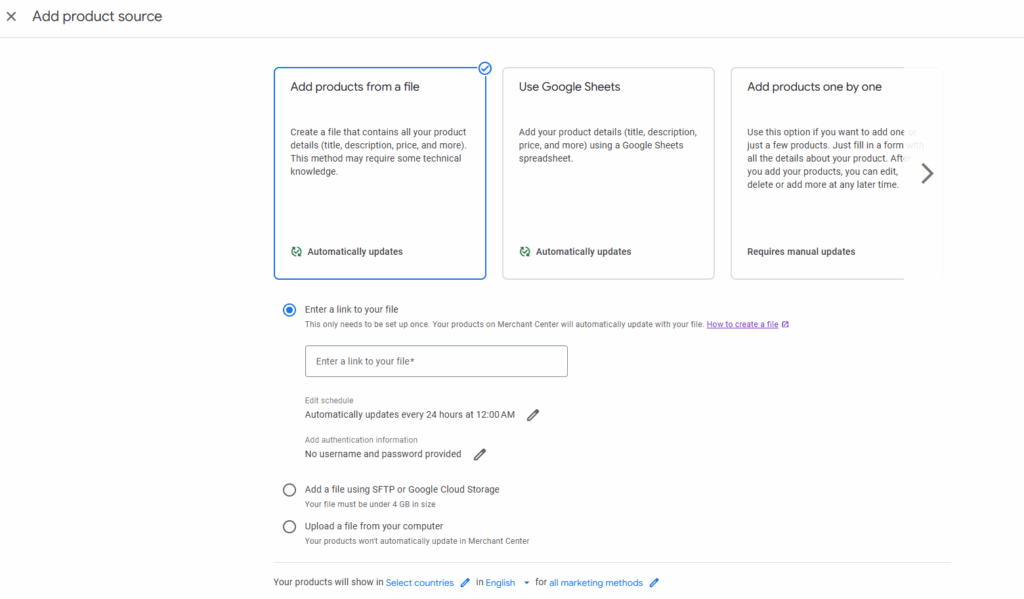 A screenshot of add product source in Google Merchant Center